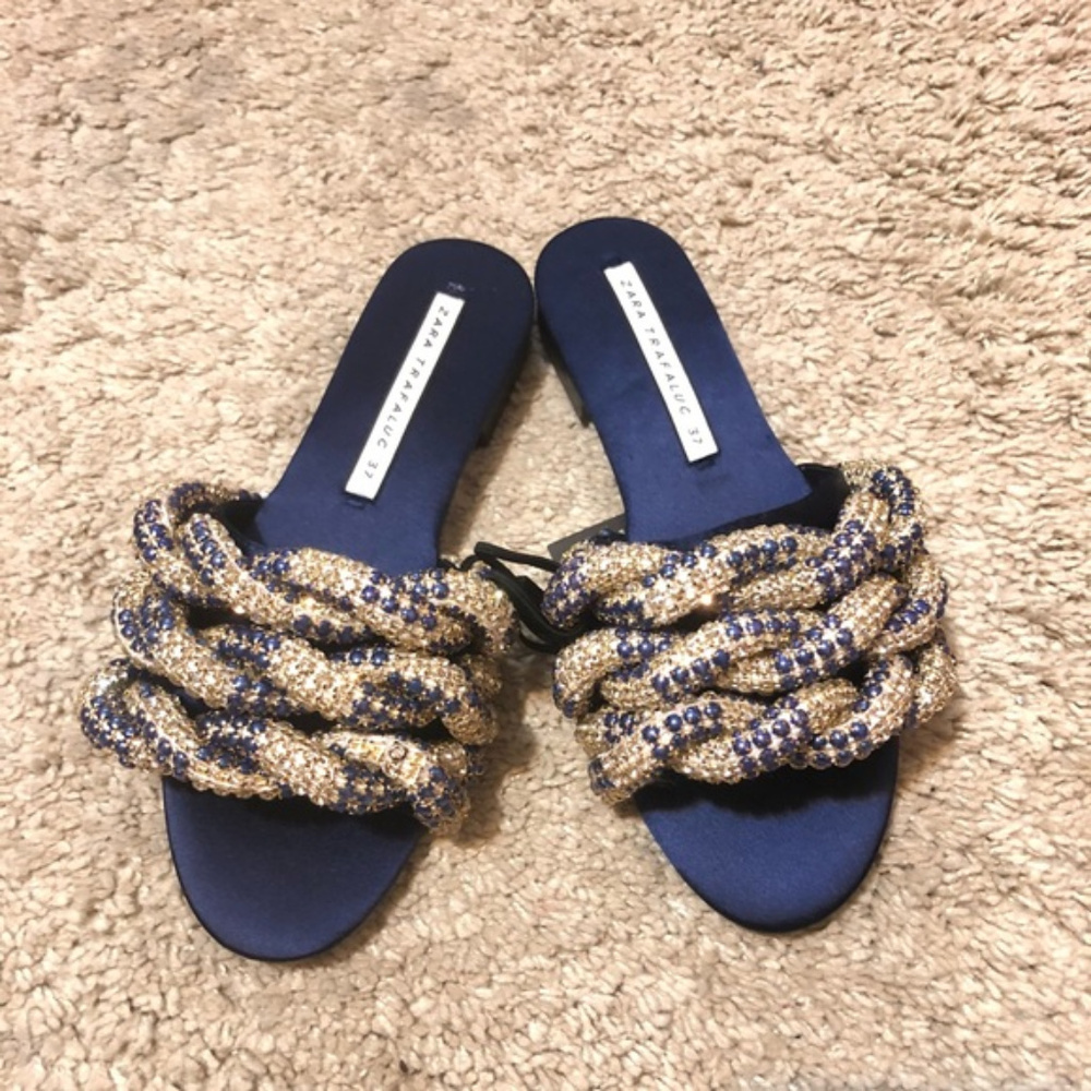 NWT ZARA Gem Encrusted Navy Satin Slides 6 - Picture 4 of 5